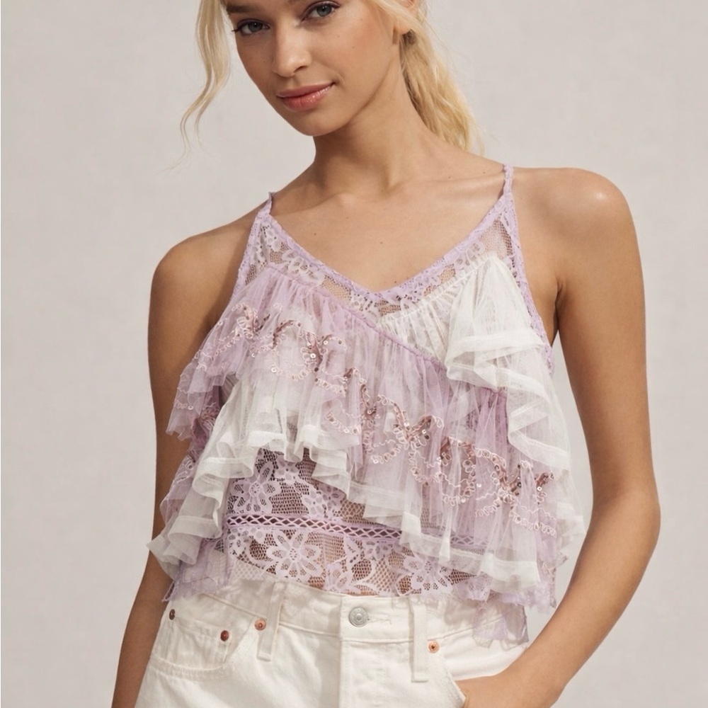 Forever That Girl Lace Ruffle Tank Top L Purple Beaded Fairycore NWT